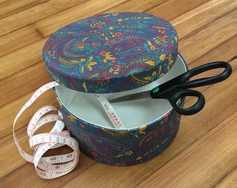 FREE US SHIPPING | Vintage Purple Teal Orange + Mustard Paisley Floral Print Hat Craft Storage Box