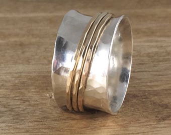 Sterling Silver and Gold Spinner Ring - Mixed Metal Ring - Silver Spinner Ring - Silver Band Ring - Custom Ring - Fidget Ring - SR007