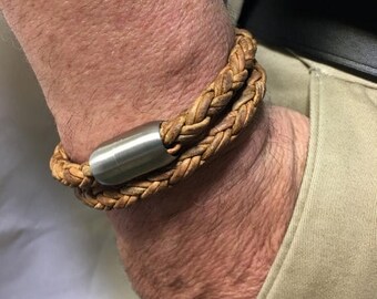 Christmas in July SALE Mens Leather Bracelet-Braided Leather Bracelet-Mens Bracelet-Wrap Bracelet-Mens Jewelry-Stainless Steel Jewelry-Gifts