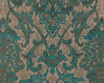 Fabric Sample-Upholstery Fabric, Drapery Fabric, Tuscan Fabric, Chenille Fabric, Turquoise Damask/Jacquard Fabric, Traditional Fabric