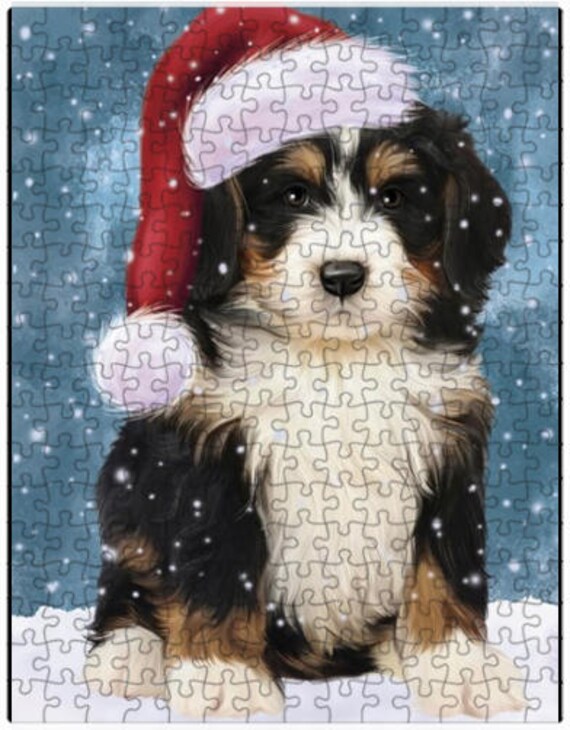 Let it Snow Christmas Holiday Bernedoodle Dog Wearing Santa