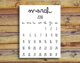 March 2018 Printable Calendar - Black And White - Pregnancy Announcement Instant Download Birth Announcement Printable Newborn