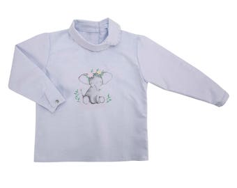 Light blue blouse elephant, girl blouse, pima cotton, light blue, girl top, baby clothes, elefant illustration, embroidered by hand, cotton