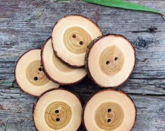 Large Bark-on Tamarack Wood Buttons // Set of 6 Buttons // Natural Wood Buttons // Handmade Wooden Buttons // Rustic Buttons