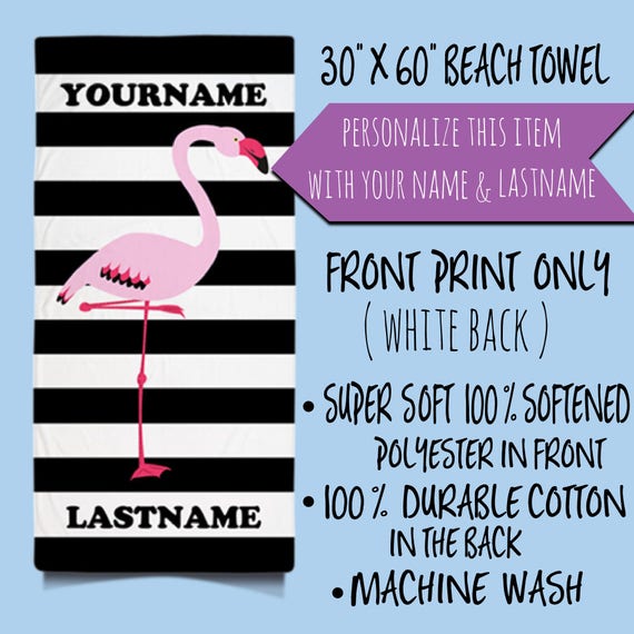 Personalized Beach Towels, Pink flamingo Beach Towel, Flamingo Towels, Custom Beach Towels, Stripes Beach Towels, Big Beach Towel, Summer
