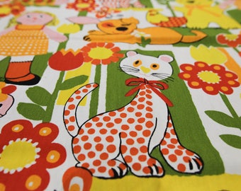 House N Home Vintage Medium Weight Cotton Home Decor Fabric Spotted Cat Rag Doll Dog Chicken Teddy Bear Turtle Flowers Cute Whimsical Bright