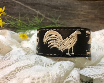 Rooster Leather Cuff Bracelet, Black and White Leather Cuff, Rooster Bracelet, Chicken Leather Cuff, Western Bracelet Cuff, Boho Bracelet
