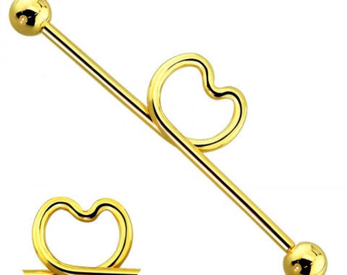 Gold Plated 316L Surgical Steel Heart Industrial Barbell with Balls