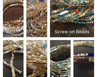 Screw on African Waist Bead, Belly Beads, Seed Beads, Ghana Waist Bead, African Waist Beads, Glass Beads, Africa Belly Chain with Clasp,