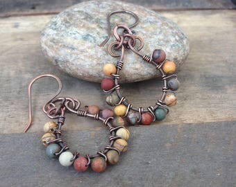 Sale - Boho Gem Stone and Copper Earrings - Hoop Earrings - Wire Wrapped Copper Earrings - Red Yellow Green Earrings - Autumn Earrings