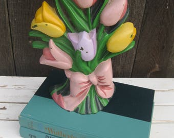 Vintage TULIPS Cast Iron DOOR STOP=Vintage Flowers Door Stop=Heavy Cast Iron Door Stop=Pretty Pastel Colors Door Stop=Hold Your Doors Open.