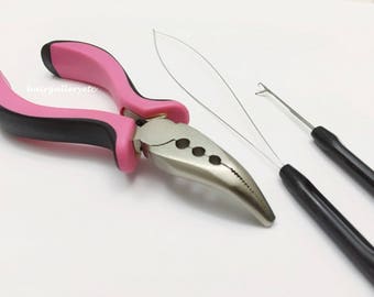 Feather Hair Extension Tool Kit for Micro Hair Beads Black Loop Black Hook Pink Pliers I Tip USA