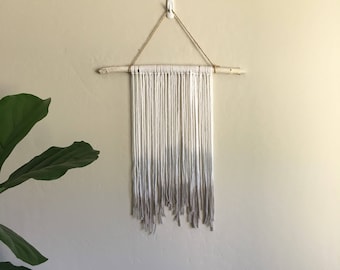 Medium dip dyed yarn tapestry, wall hanging on white birchwood. Boho wall art.