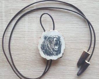 Engraved Necklace Bear Jewellery Animal Engraved Jewelry Leather Lace Necklace Bolo Necklace Cowboy Jewellery Bolo Tie Bear Grizzly Bear
