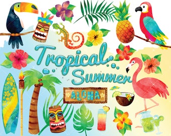 Watercolor Summer Clipart - Watercolor Clipart - Tropical Hawaiian Luau - Tropical Summer - Beach Clip Art - Cute Clipart - Summertime Theme