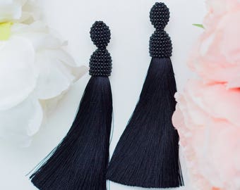 Black earrings tassel Style women earrings Long earrings Beadwork jewelry Earrings tassel Silk Earrings High quality