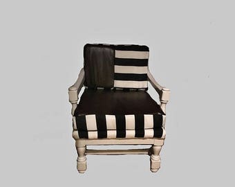 ON SALE Mid-century modern armchair indoor/outdoor black and white stripe with leather