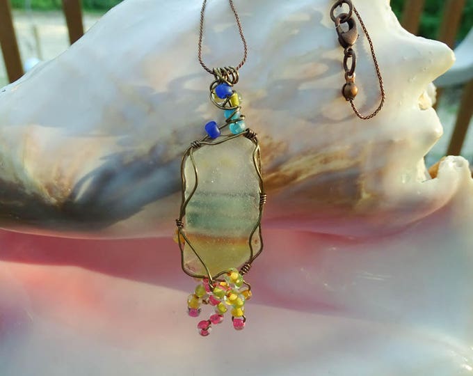 Beach jewelry women - Beaded -Gift for Wife - Boho - Wire Wrap Beach Scene Beach Glass -Lake Michigan - Beach