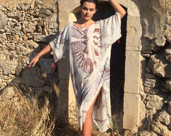 Skull Print Cotton Caftan,Plus Size Kaftan,resort wear,beach coverup,beach robe,oversized Caftan,White maxi dress, White House Robe,sarong