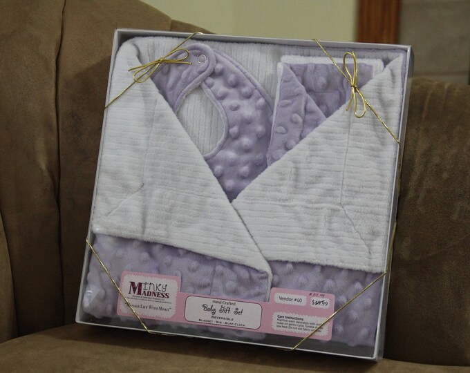 Minky Baby Blanket, Baby Girl Blanket, Stroller Blanket, Baby Shower Gift, Baby Girl Gift, Lavender, FREE Bib & Burp Cloth with Gift Box