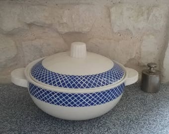 Soupière Ancienne Faïencerie Givors – Décor Quadrillé Bordeaux, Motif Fleur