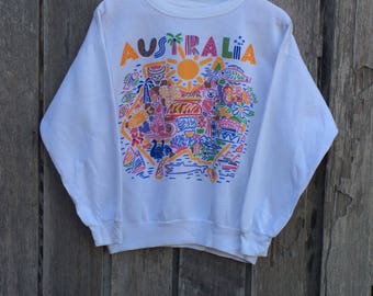 Rare! Vintage KEN DONE Australian Designer Pop Art Under Down Australia Crew Neck Pullover Sweatshirt White Colour