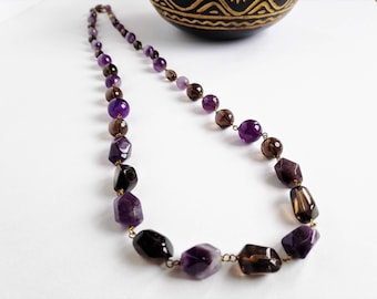 Amethyst and Smokey quartz long necklace
