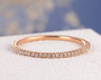 Stacking Ring Rose Gold Wedding Band Women Diamond Thin Eternity Band Simple Micro Pave Dainty Minimalist Jewelry Matching Wedding Bridal