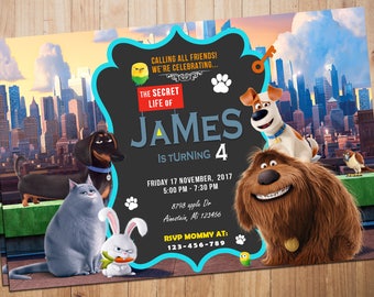 The Secret Life of Pets Invitation, Secret Life Birthday Party, Dog, Rabbit, Cartoon, Personalized, Printable, Chalkboard, Digital File