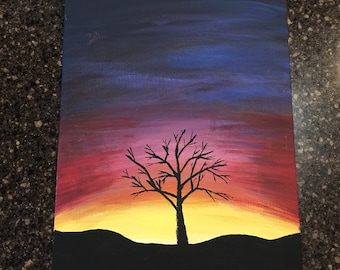 African Elephant Silhouette Painting Sunset Tree Art Original