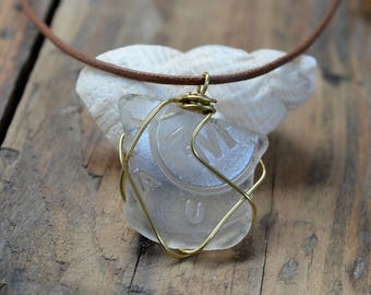 Scottish Sea Glass Pendant, Sea Glass Necklace with Original Engravings, Brass Wire Sea Glass Pendant, Pendant, Gifts for Her, Beach Chic