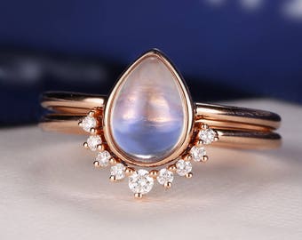 Moonstone Engagement Ring Rose Gold Vintage Delicate Minimalist Diamond Wedding Bridal jewelry Simple Pear Shaped Cut Stacking Alternative