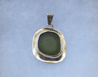 Sea Glass Pendant Olive Green Sterling Silver