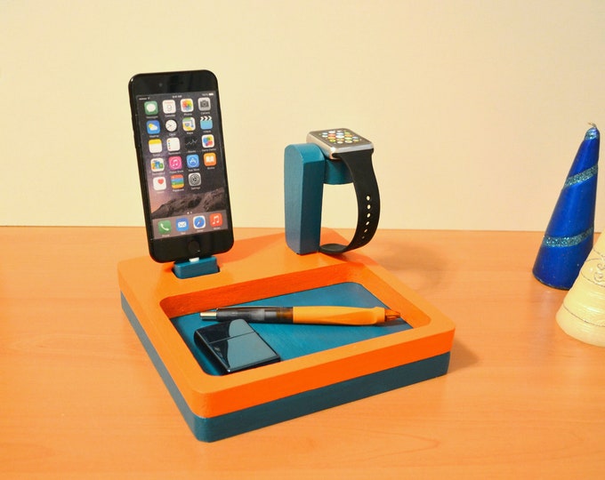 iphone Ladestation holz docking station Geschenk watch Ladestation station iDOQQ Ultimate 2 Eiche orange bisbee türkis dock, iphone 5,6,7,X