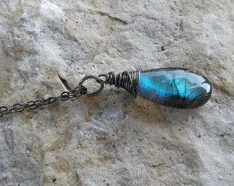 Labradorite Necklace, Oxidized Solid Sterling Silver Labradorite Pendant Necklace, Labradorite Jewelry
