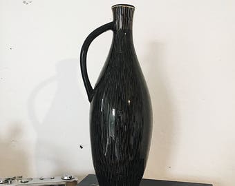 Vintage black flowers vase 1980s 1970s soviet home Ceramic wine bottle