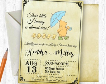 Winnie the Pooh Baby Shower Invitation, Winnie the Pooh Baby Shower, Watercolor, Floral, Shabby Chic, Boho Invitation