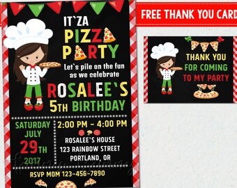 Pizza party invitation Pizza invitation Pizza birthday card Girls pizza making invite Italian little chef birthday outfit Thank you tags