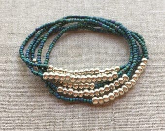 Seed Bead Stretch Layering Bracelet- Matte Blue-Green
