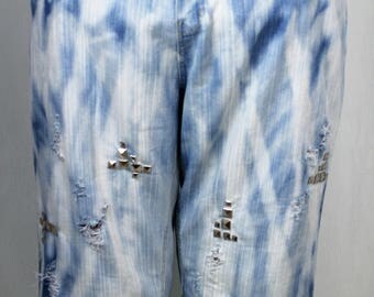 Reworked bleached boyfriend cropped jeans with stud detail UK26