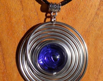 Black leather and silver metal support and Ultra Marine cabochon pendant Choker necklace