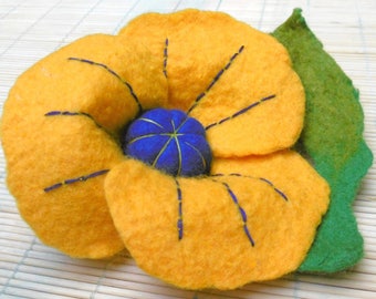 Large yellow felted wool with gold - unique flower brooch