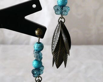 Blue butterflies with bronze 6cm leaves earrings
