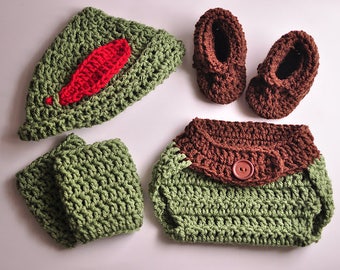Crochet robin hood outfit, peter pan costume, robin hood costume, robin hood photoprop, peter pant photoprop, made to order
