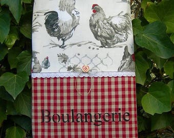 Chic country bread bag in cotton checkered and his hens and sign painting