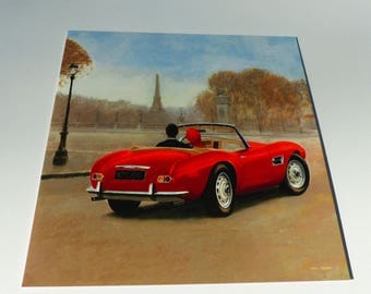 card Paris couple in red convertible Eiffel Tower