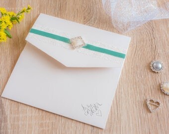 Handmade Pocketfold Wedding Invitation GreenDiamond