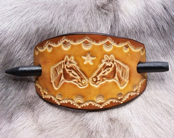 Designer hair clip in cognac brown leather, horse, medium to large