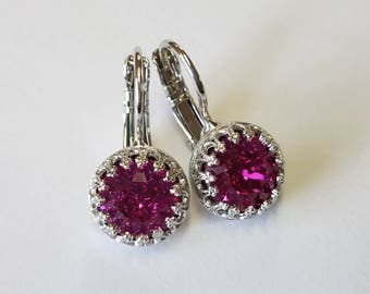 Fuschia Swarovski Crystal Crown Earrings- Silver