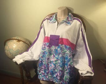 1990's Colorful Nylon Windbreaker Flowers Pink Purple Retro 80s 90s clothing 90s windbreaker sweatshirt